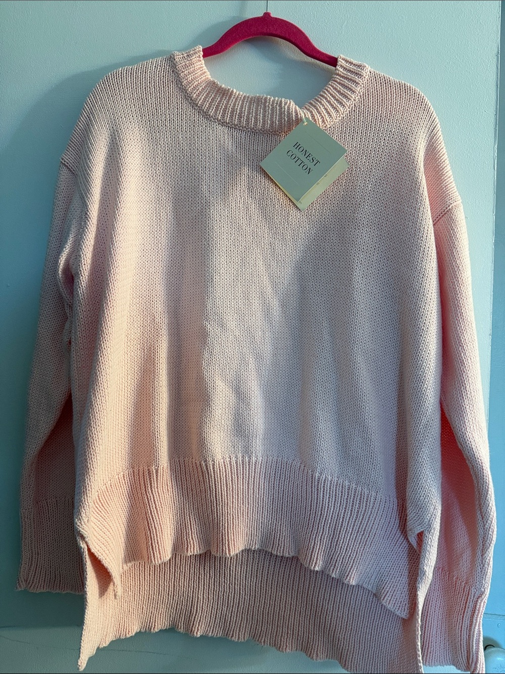Honest Cotton NWT One Size Blush Pink 100% Cotton Oversized Knit Sweater High/Lo